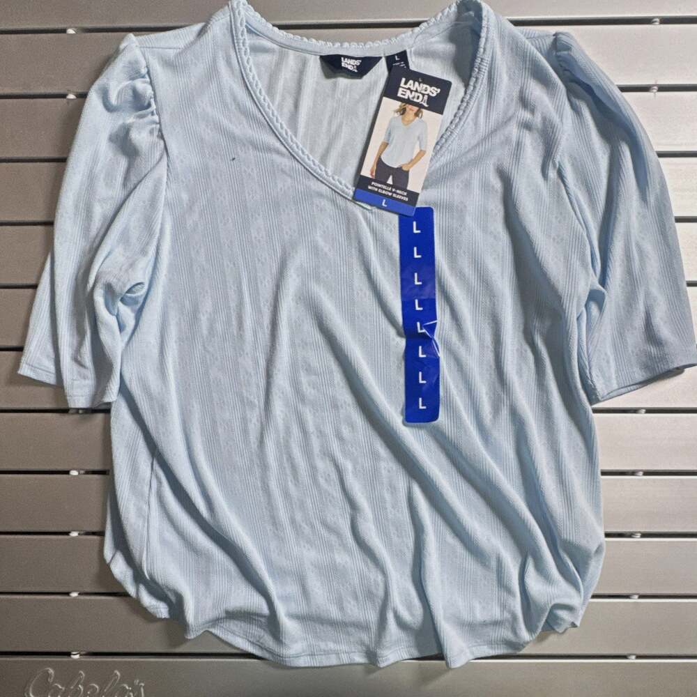 Lands' End Women’s L Light Blue Solid Pointelle Knit V-Neck 3/4 Puff Sleeve